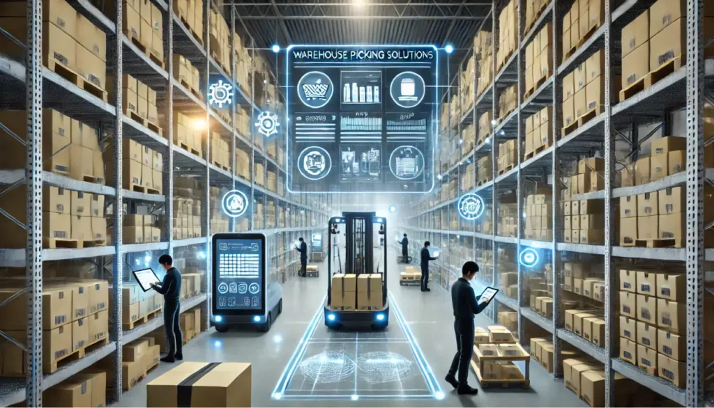 dalle a modern warehouse setting featuring efficient warehouse picking solutions with workers using handheld devices automated guided vehicles agvs and babdb