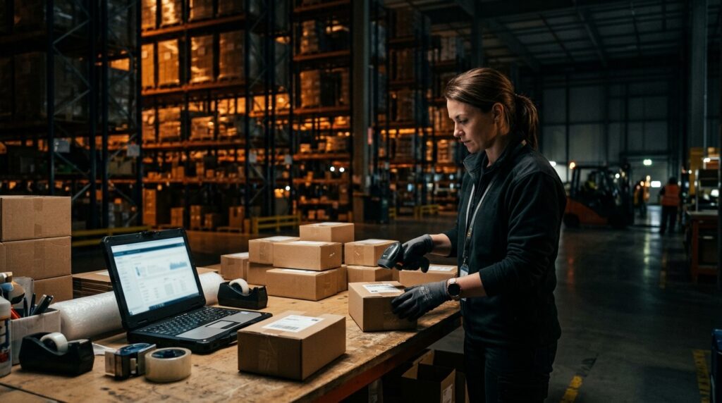 Best WMS for Shopify - packing station in a dark e-commerce warehouse