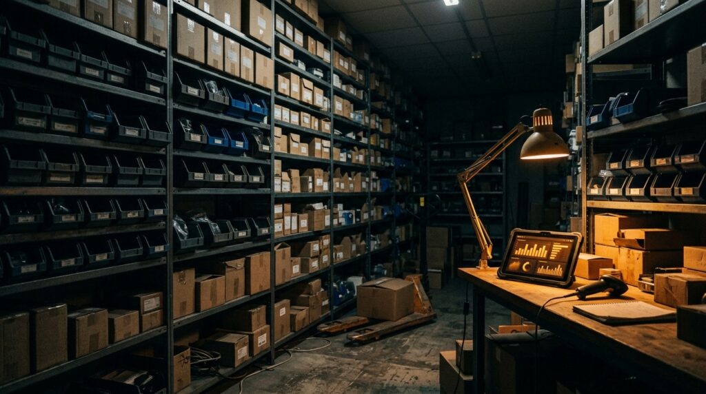 Cin7 Core vs Zoho Inventory - multichannel stockroom with parts bins and a glowing inventory dashboard