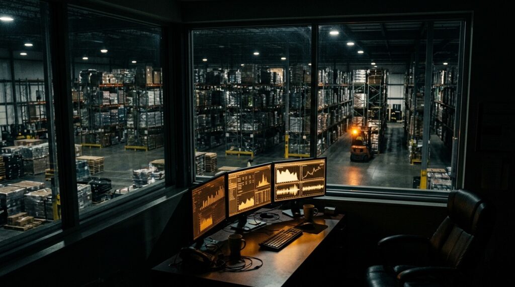 NetSuite WMS vs Fishbowl - warehouse office overlooking a mid-size distribution floor at night