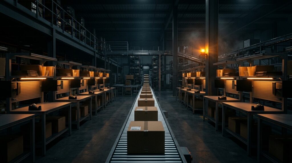 ShipHero vs Logiwa - packing stations and conveyor in a dark e-commerce fulfillment center