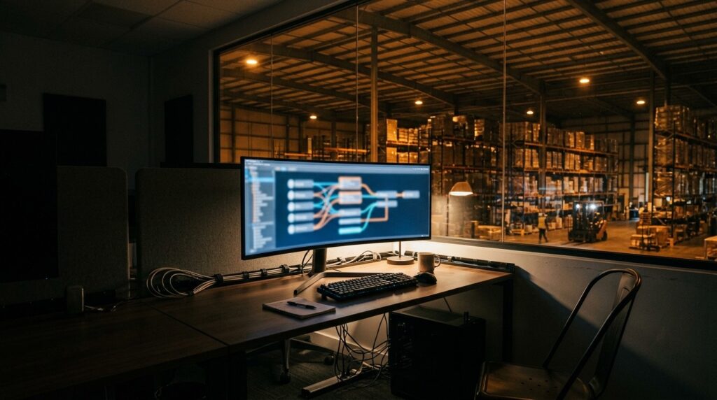 Shopify WMS integration - warehouse office monitor with integration flows